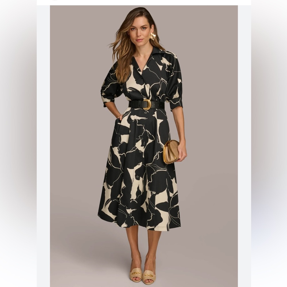 Donna Karan Black and Cream Floral Midi Dress